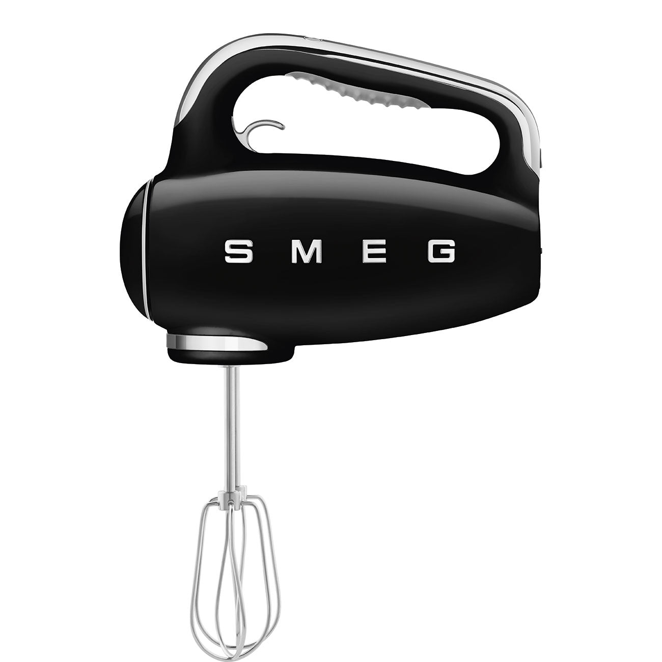 A black SMEG hand mixer with a stainless steel whisk attached.