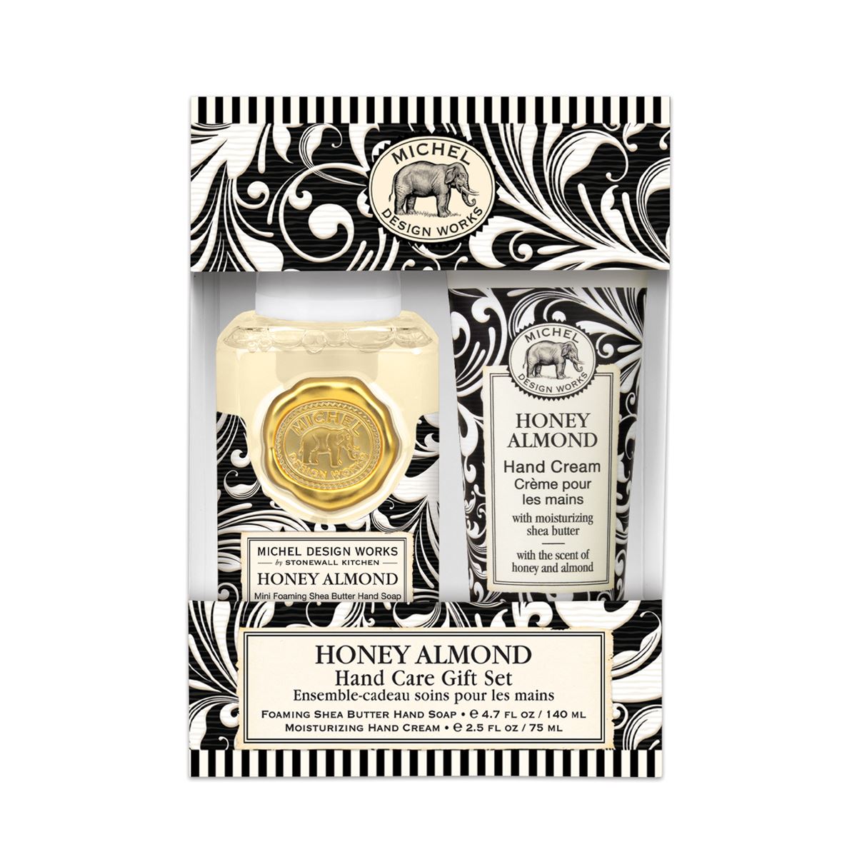 A gift set containing a foaming hand soap and a moisturizing hand cream with 'HONEY ALMOND' label, presented in a black and white patterned box with gold accents.