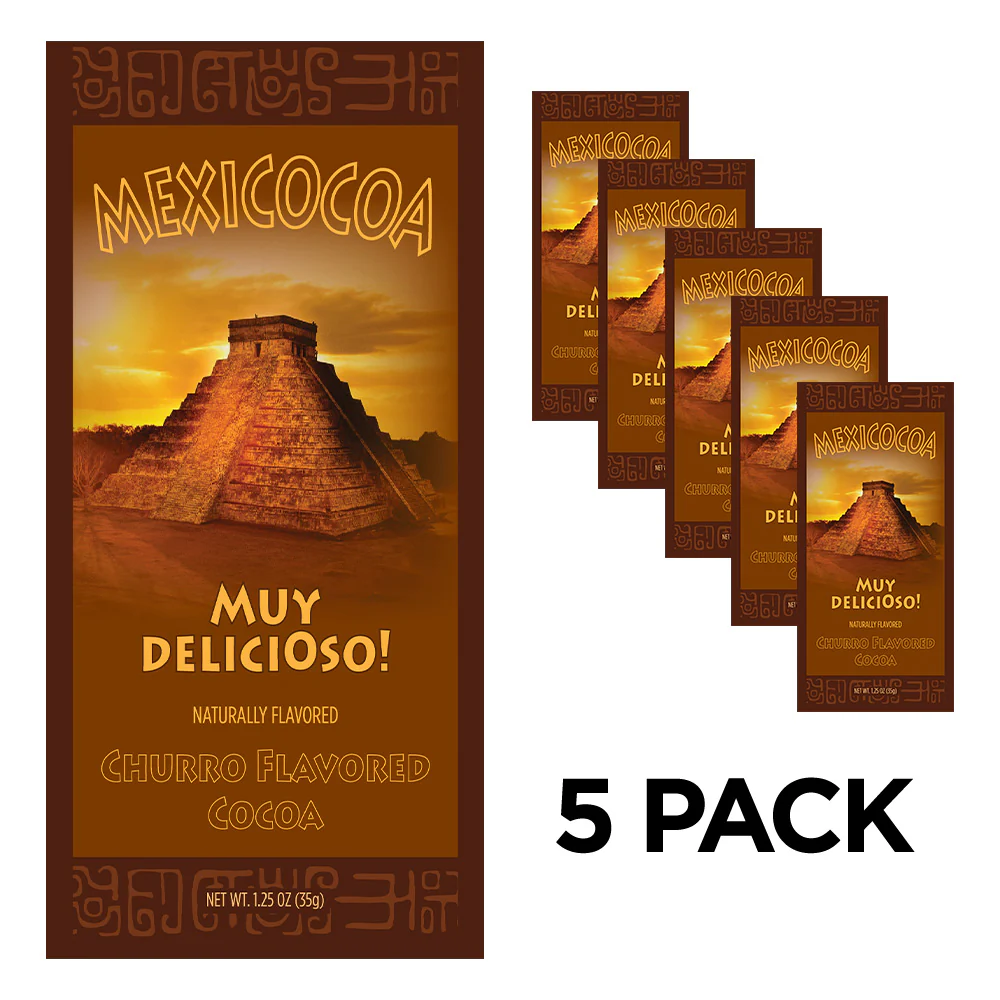 A pack of five Mexicocoa Muy Delicioso! Churro Flavored Cocoa packets with an image of a churro stand on the packaging.