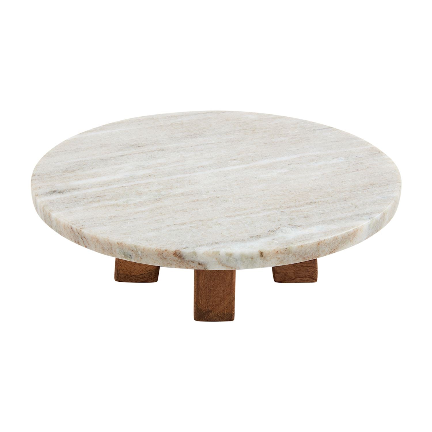 A round marble pedestal stand with a wood base.
