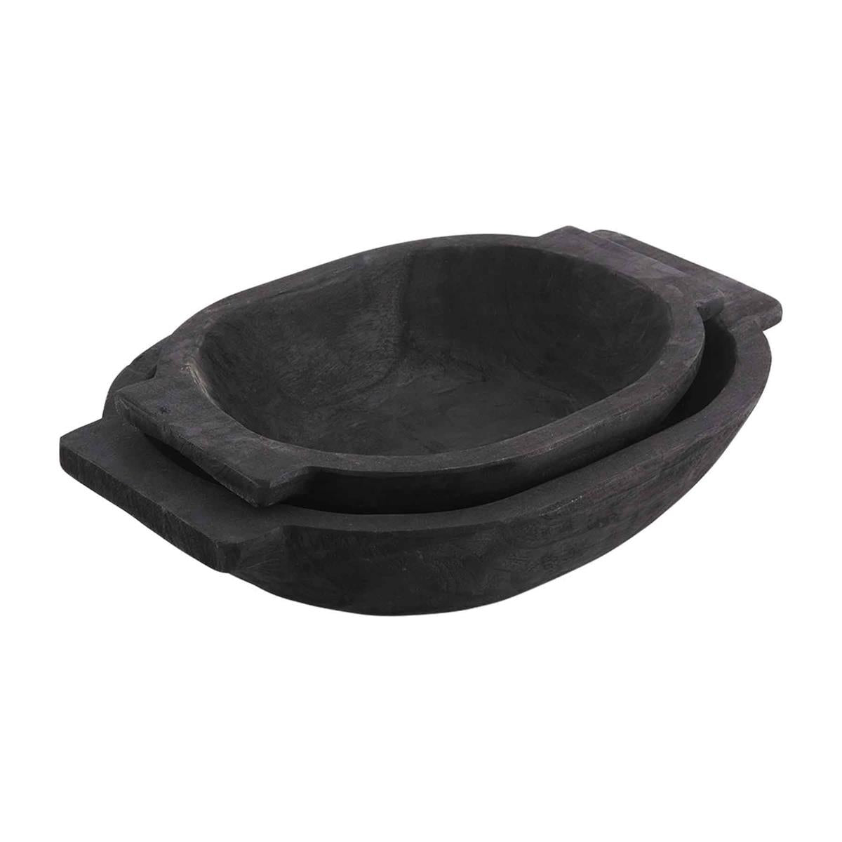 A black oval-shaped dough bowl made of ceramic.
