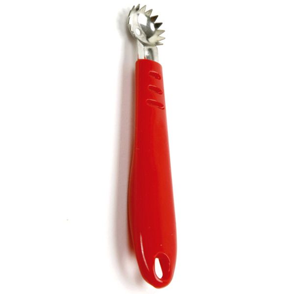 A red handheld strawberry and tomato corer with metal tines and a plastic handle.
