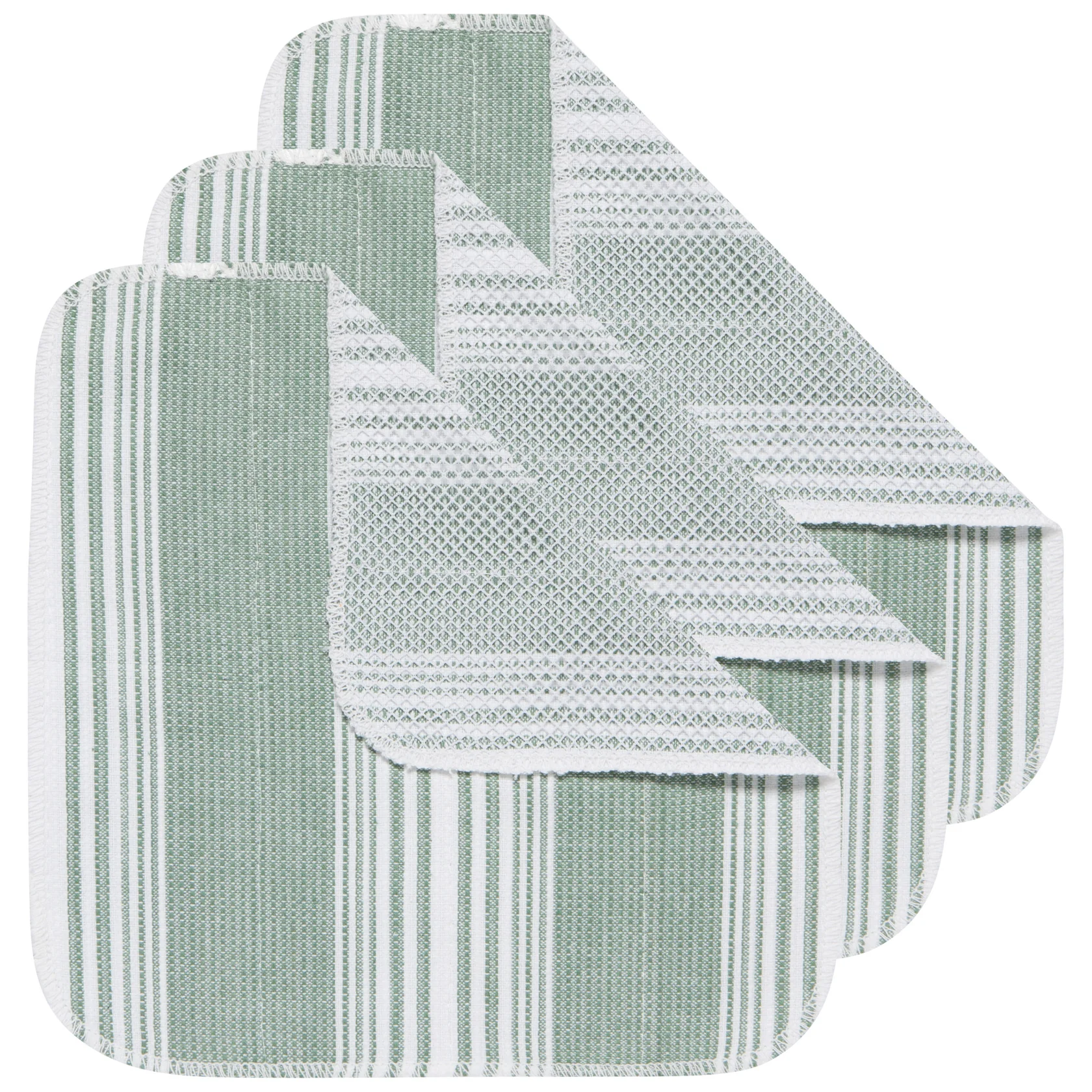 A set of three green striped dishcloths stacked on top of each other.