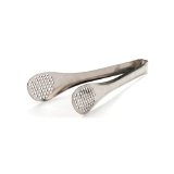 A pair of stainless steel small serving tongs with a straining design.