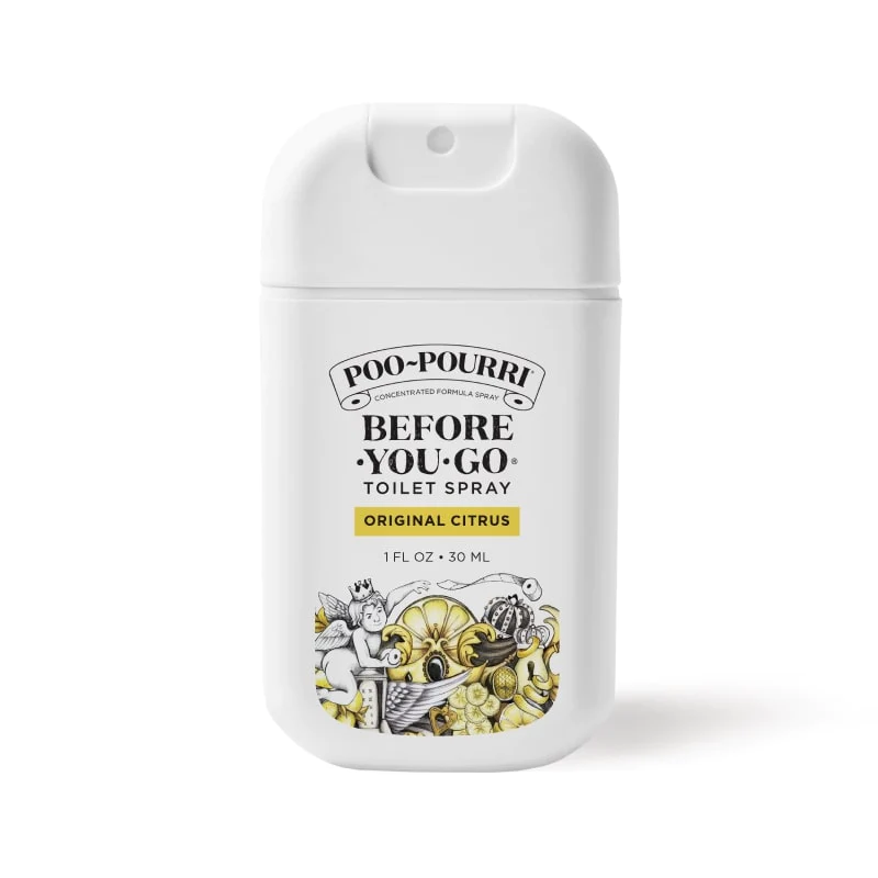 A white dispenser container of POO POURRI before-you-go toilet spray with original citrus scent, featuring an illustration of a lemon and some leaves on the label.