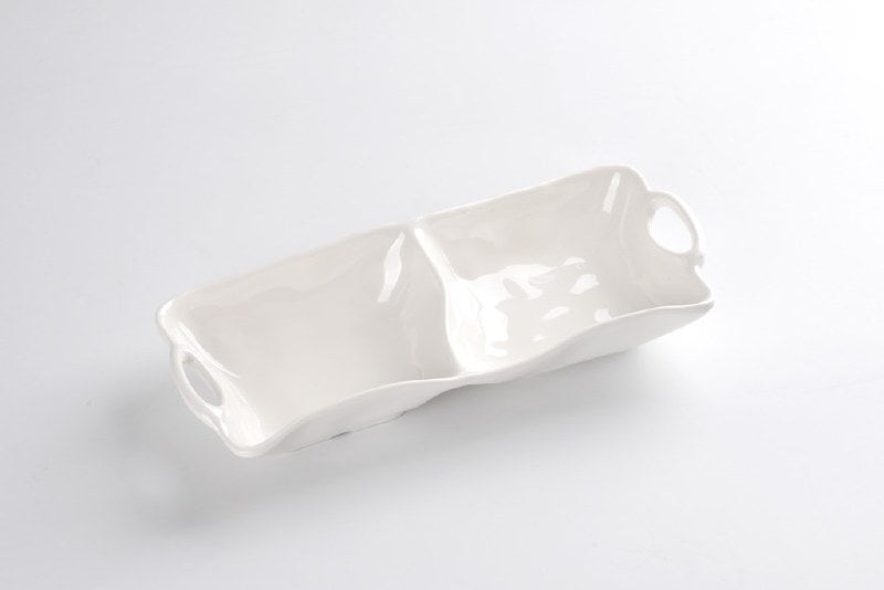 A white plastic 2 section server designed for serving multiple items at once.