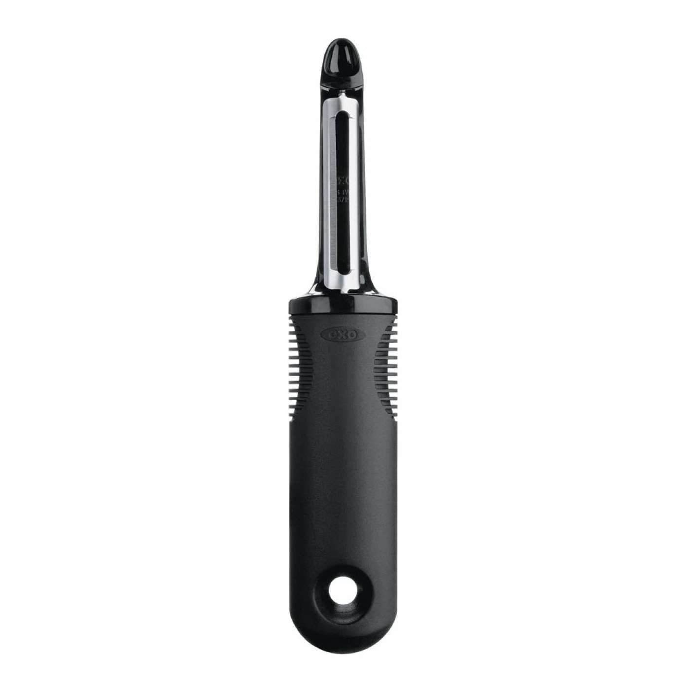 A black OXO Swivel Peeler with a stainless steel blade and cushioned handle.