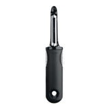 A black OXO Swivel Peeler with a stainless steel blade and cushioned handle.