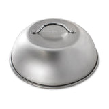 A silver domed grill lid with a handle on top.