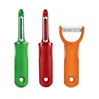 A set of three kitchen peelers in green, red, and orange colors with stainless steel blades and ergonomic handles.