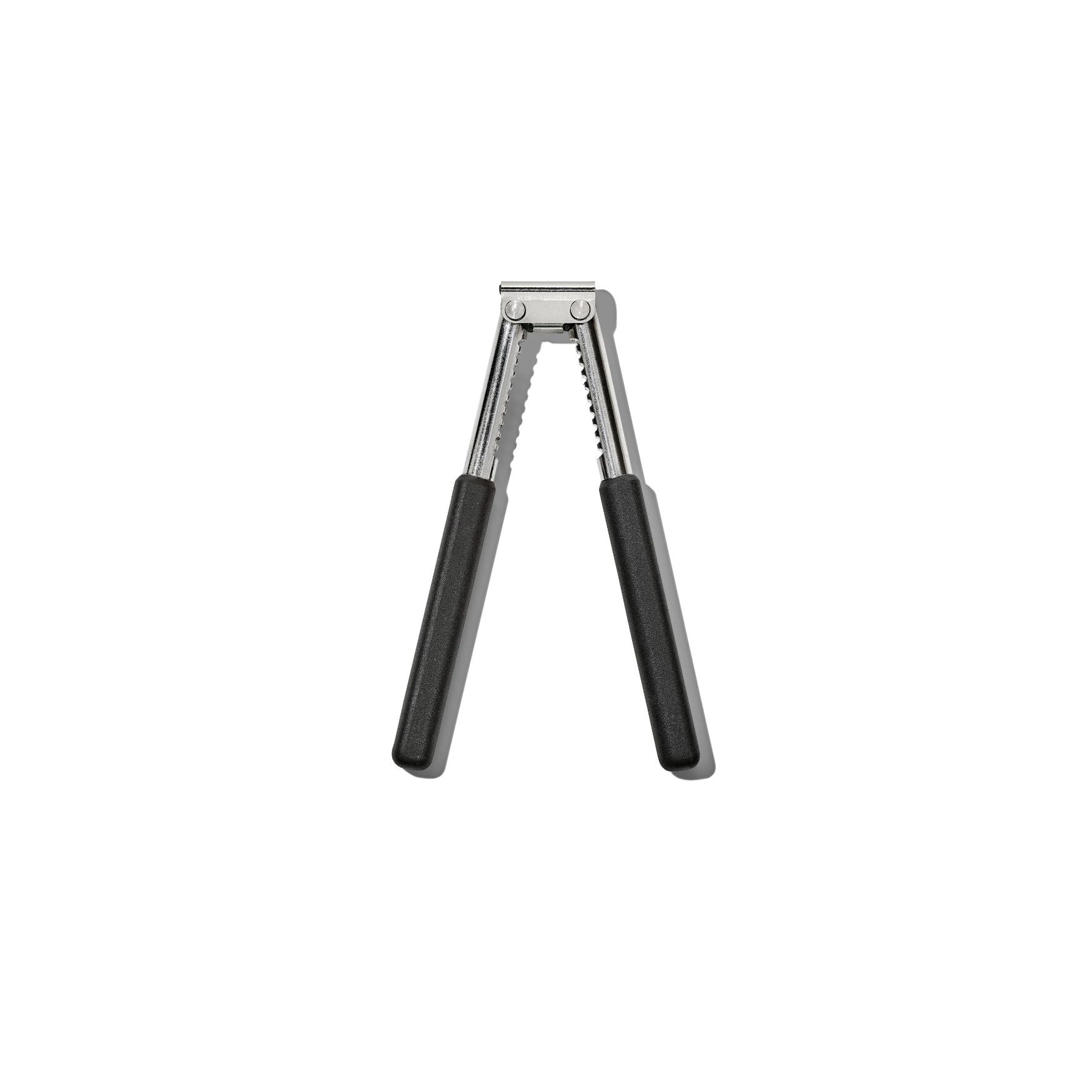 A black and silver OXO seafood and nut cracker with ergonomic grip.