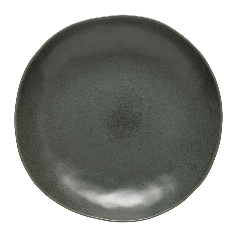 A beige-colored ceramic dinner plate with a simple, solid color design.