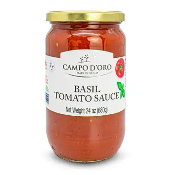 A jar of Campo d'Oro Basil Tomato Sauce, with the label showing the brand name and the product name, against a white background.