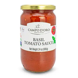 A jar of Campo d'Oro Basil Tomato Sauce, with the label showing the brand name and the product name, against a white background.