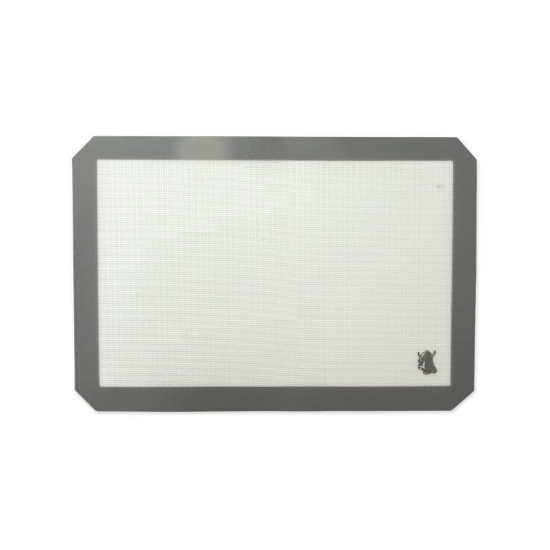 A clear silicone nonstick mat with a gray border and a small silicone logo on the bottom corner.