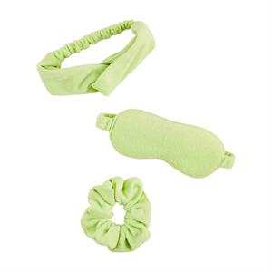 A set of lime green terry cloth items including a headband, an eye mask, and a scrunchie.