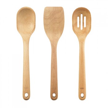 A set of three wooden kitchen utensils including a ladle, a slotted spoon, and a spatula, all displayed against a white background.