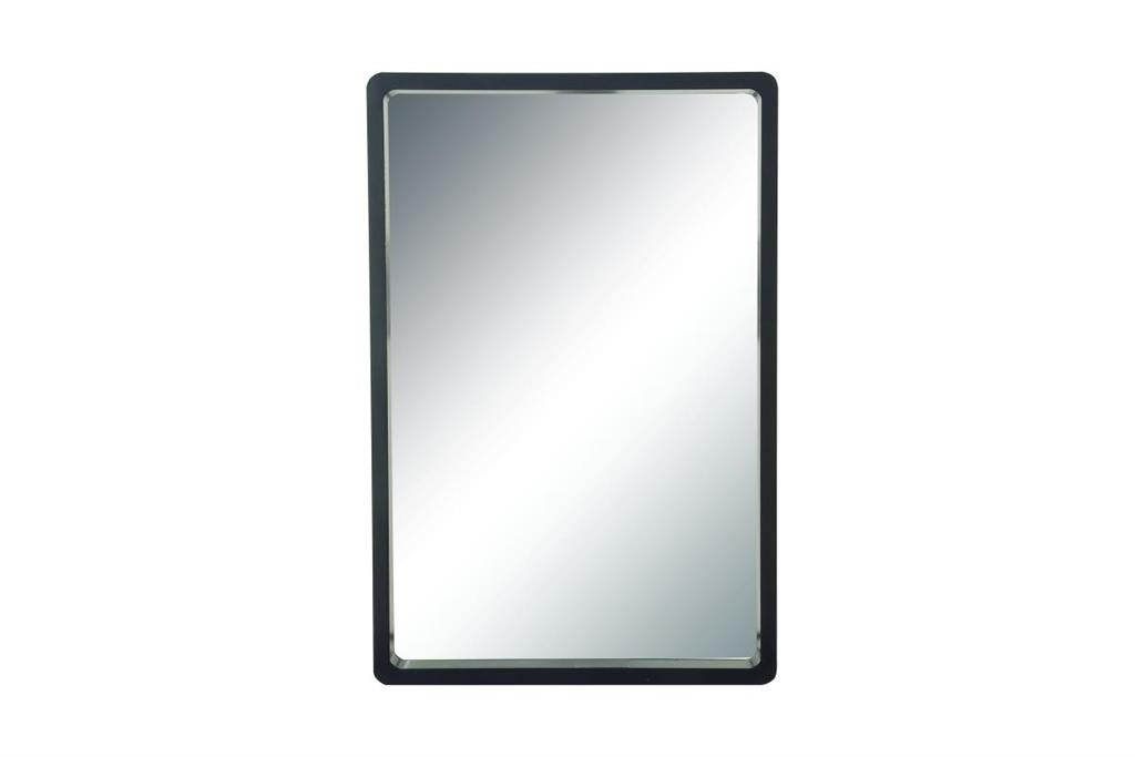 A rectangular wood wall mirror with sleek black trim around it.