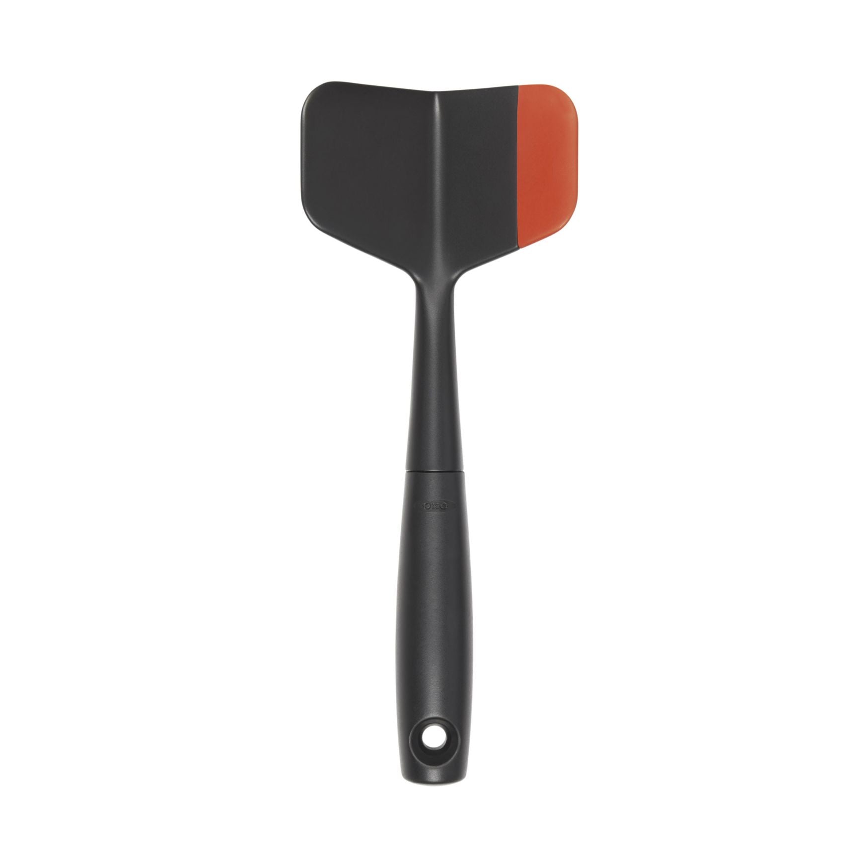 A black and red OXO Ground Meat Chopper with a stainless steel blade and a plastic handle.