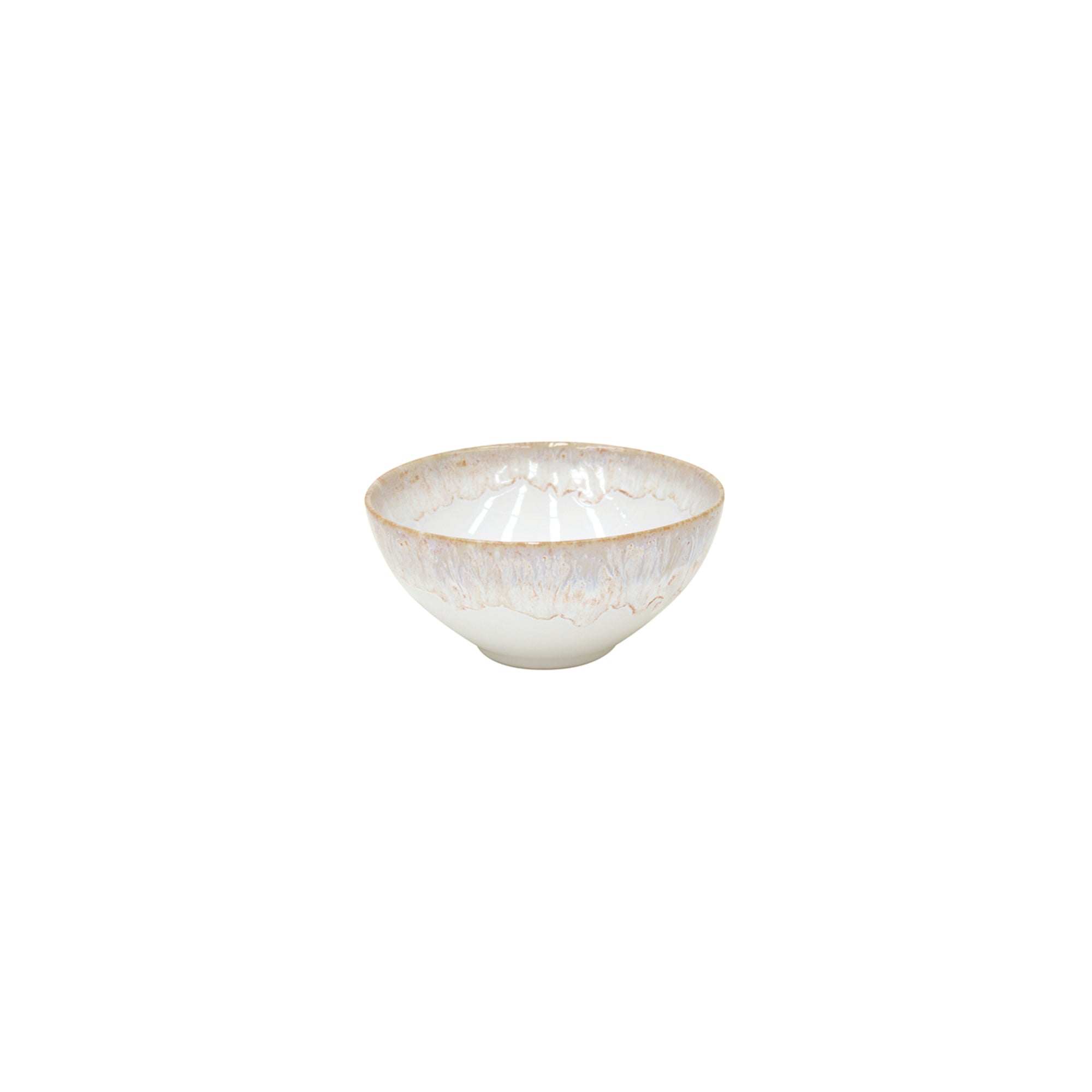 A beige ceramic cereal bowl with a subtle floral pattern around the bottom edge.