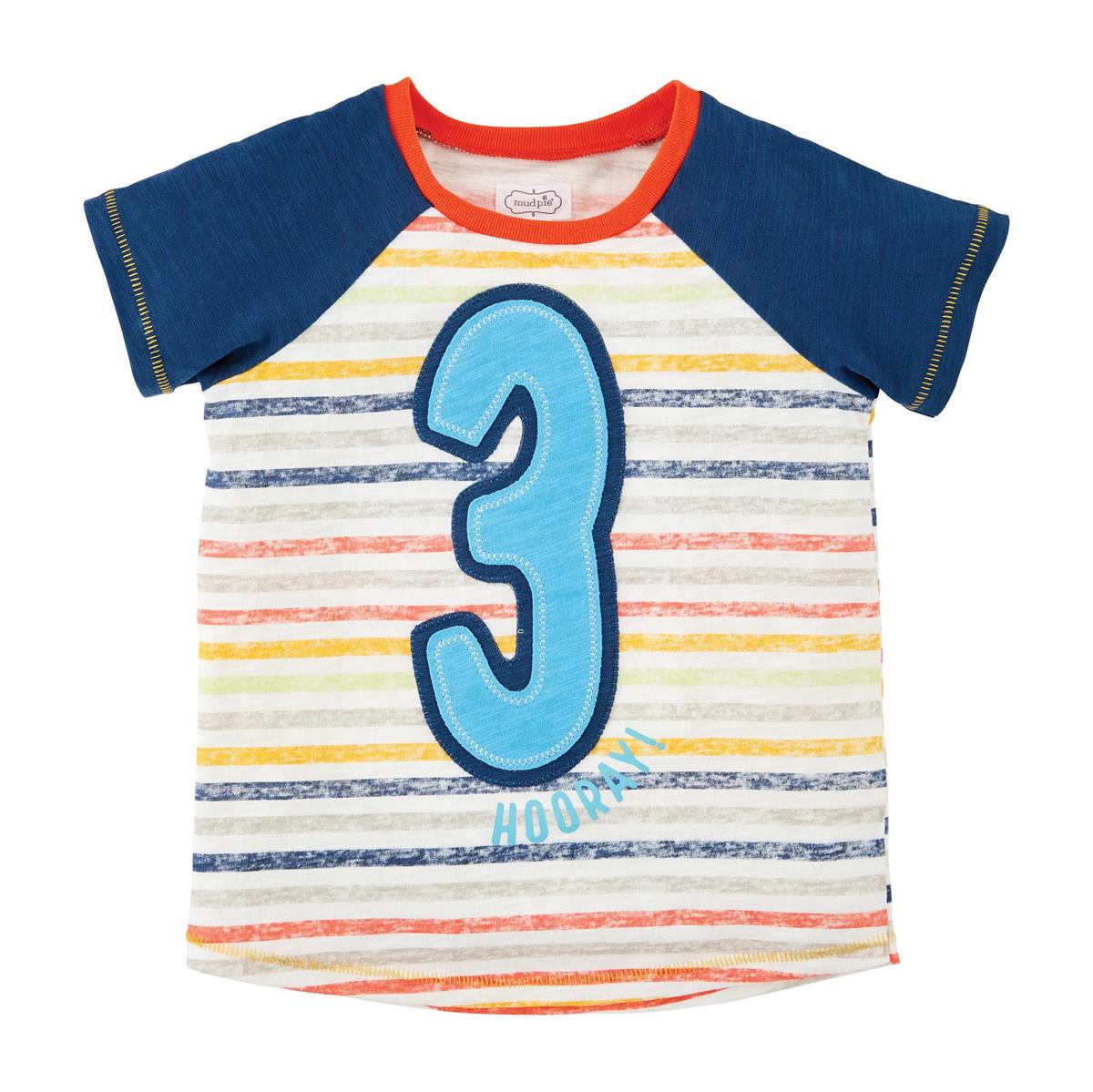 A striped toddler shirt with a number 3 and the word 'HOORAH' on it, primarily in blue and orange tones.