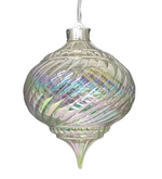 A 12cm iridescent green glass ornament with a reflective surface, designed for holiday decor.