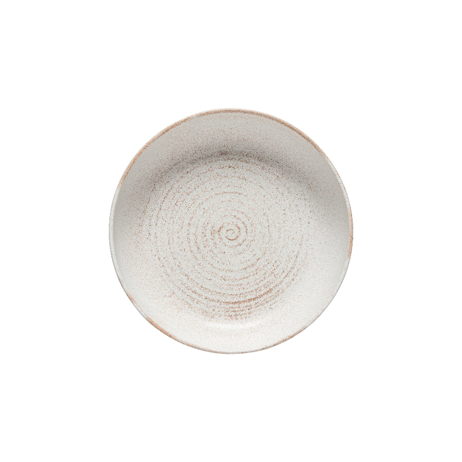 A ceramic pasta bowl with a beige and gray speckled pattern on a white background.