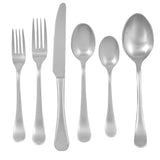 A 42 piece stainless steel flatware set including dinner knives, dinner forks, soup spoons, and teaspoons.