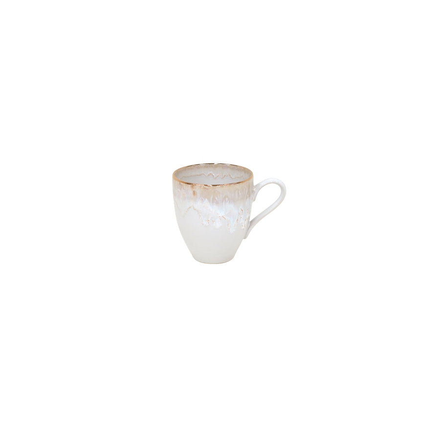 A white ceramic mug with a floral pattern around the rim and a solid color handle.