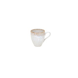A white ceramic mug with a floral pattern around the rim and a solid color handle.