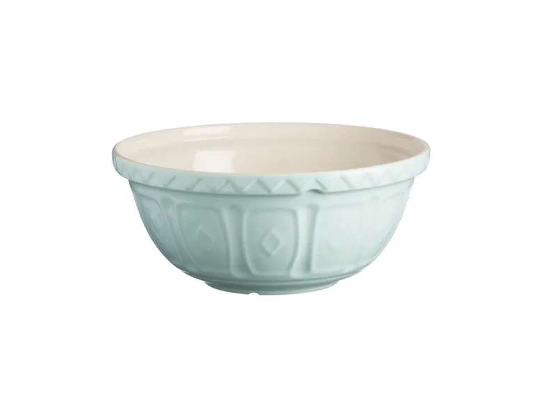 A beige Mason Cash cane mixing bowl with a classic mosaic design, featuring a chip-resistant construction and a pronounced white interior.