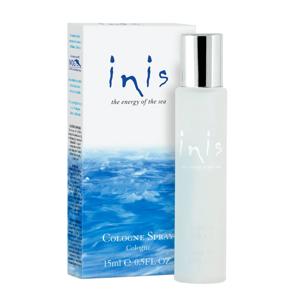 The product image shows a box and spray bottle of INIS TRAVEL PERFUME with a clear liquid visible inside the bottle. The packaging has a blue ocean wave design.