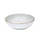A white and aqua colored ceramic pasta bowl with a simple, elegant design.
