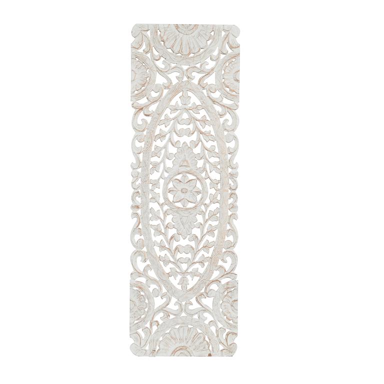 A white wood wall deco featuring a floral and geometric pattern.