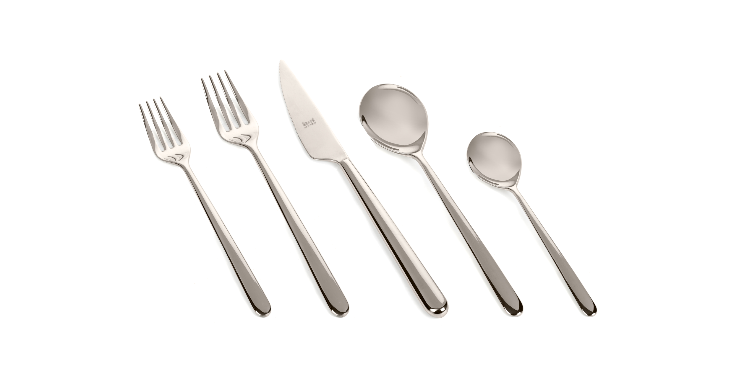 A 5-piece flatware set on a white background, including a dinner fork, dinner knife, soup spoon, and teaspoon, all with a sleek, silver finish.