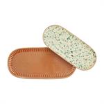 A brown serving platter with a speckled white patterned edge, opened to show the interior.