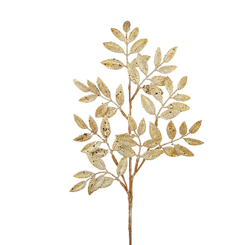 A gold glittered laurel leaf spray with artificial leaves, used as a decorative piece.