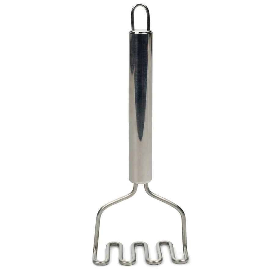 A stainless steel avocado masher with a long handle and a round, flattened mashing head.