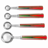 A set of four multicolored bamboo measuring spoons with metallic bowls.