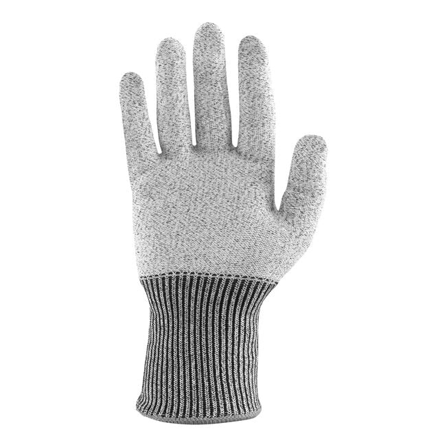 A gray cut-resistant kitchen glove with a striped pattern on the wrist area.