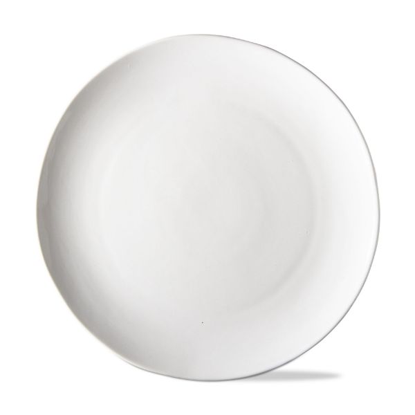 A white, round, ceramic dinner plate with a plain design.