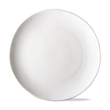 A white, round, ceramic dinner plate with a plain design.