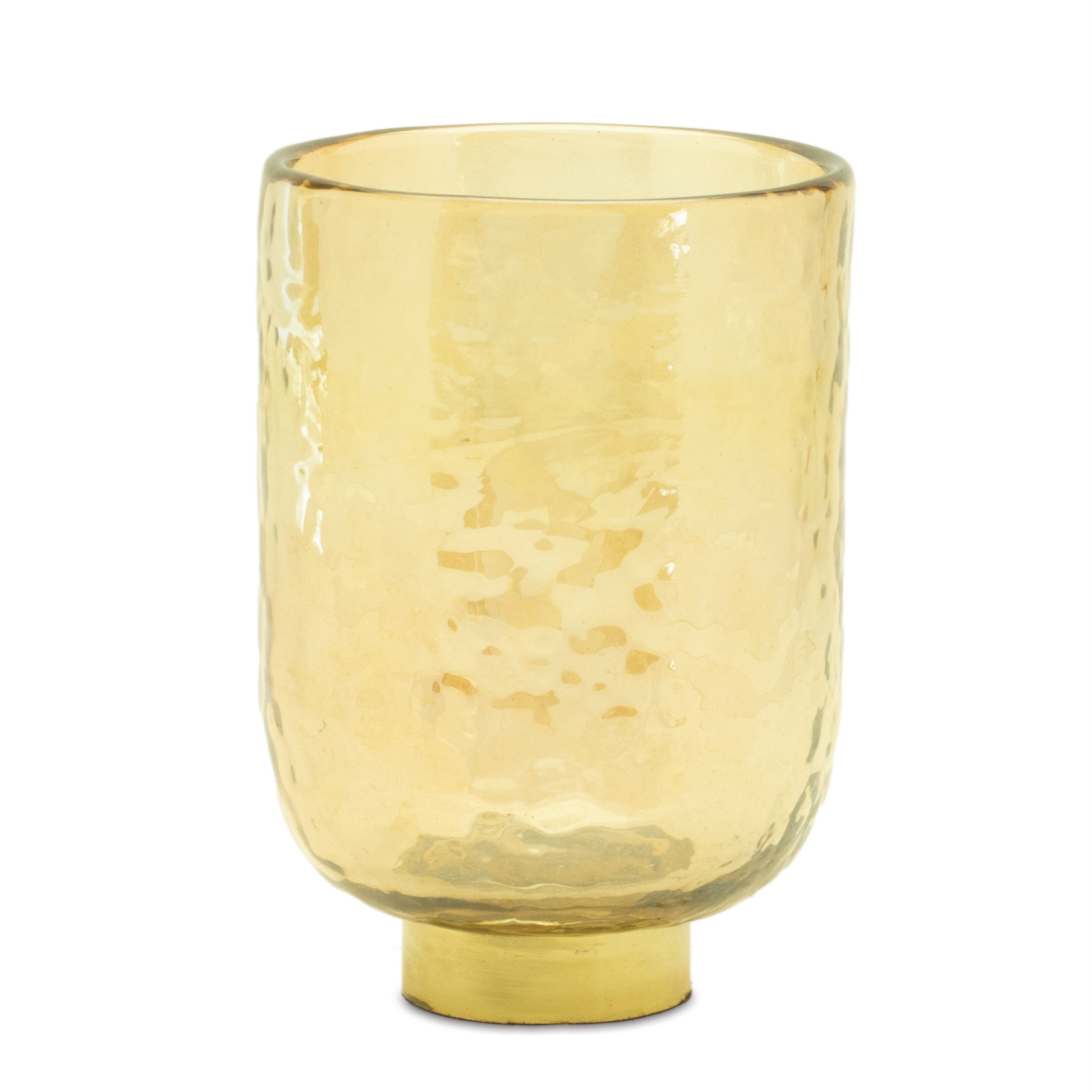 A cylindrical glass candle holder with a yellow tint and a gold-colored base.