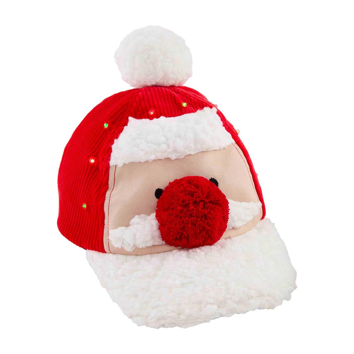 A beige Christmas-themed hat with a reindeer design, featuring antlers with green lights and a red pom-pom.