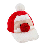 A beige Christmas-themed hat with a reindeer design, featuring antlers with green lights and a red pom-pom.