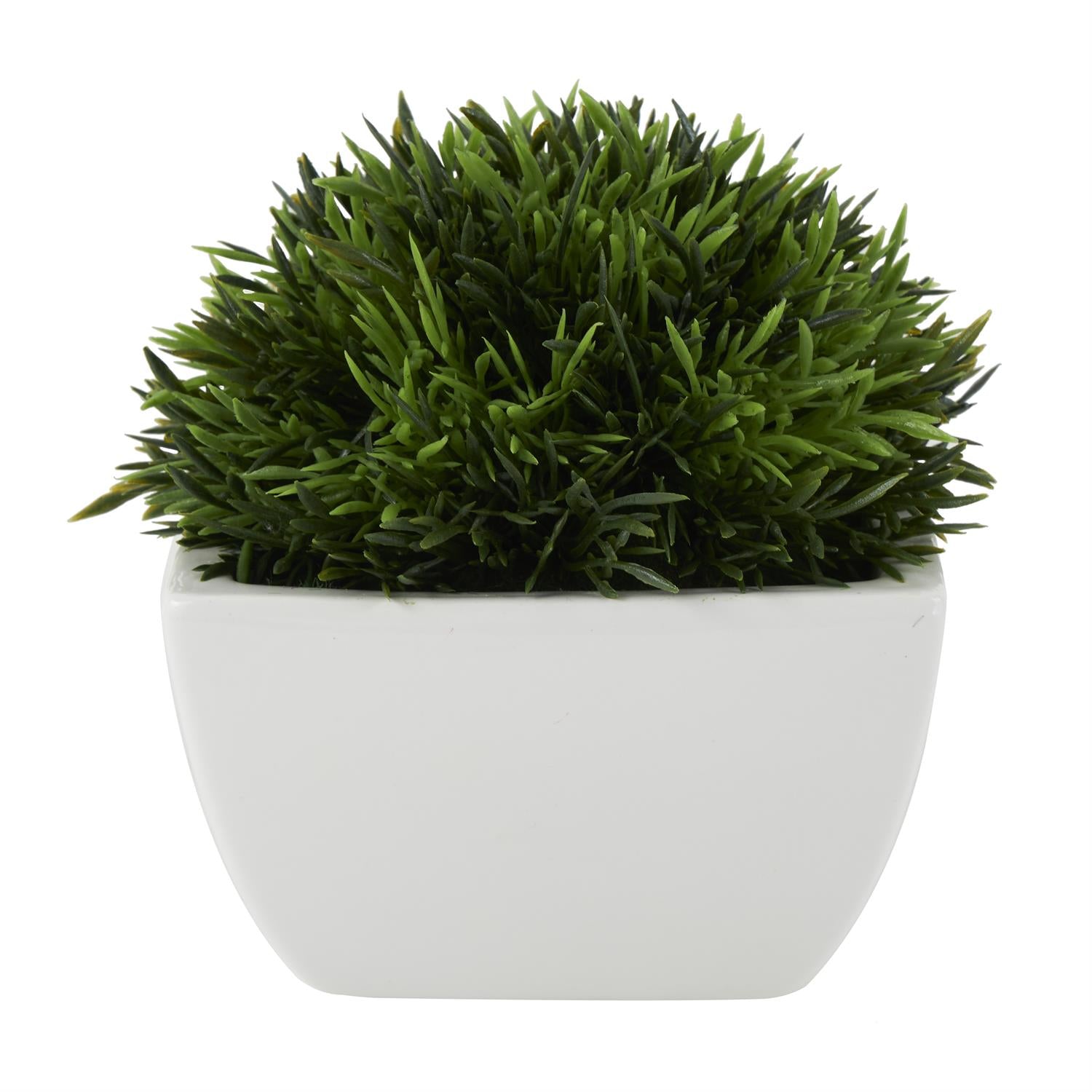 A artificial grass ball decoration in a white pot.