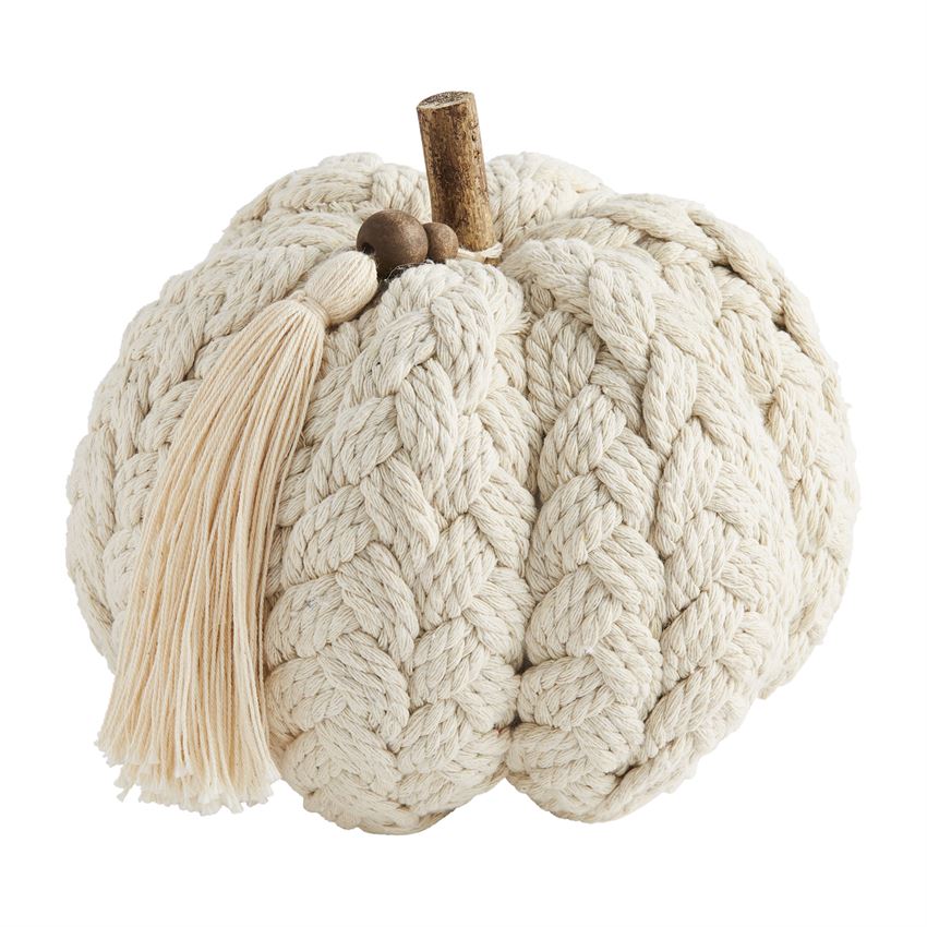 A plush, cream-colored braided pumpkin with a tassel and a wooden stem.