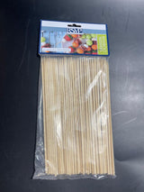 A pack of bamboo skewers, 10 inches in length, displayed in clear packaging with a blue and green label.
