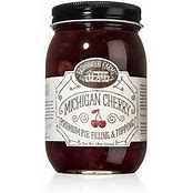 A jar of cherry pie filling with a label indicating it is made with Michigan cherries and is gluten-free.