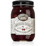 A jar of cherry pie filling with a label indicating it is made with Michigan cherries and is gluten-free.